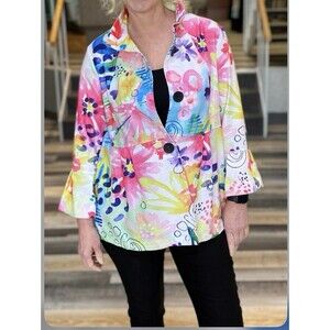 Ali Miles Large Abstract Wire Collar Button Tunic Pastel Watercolor Floral NWT